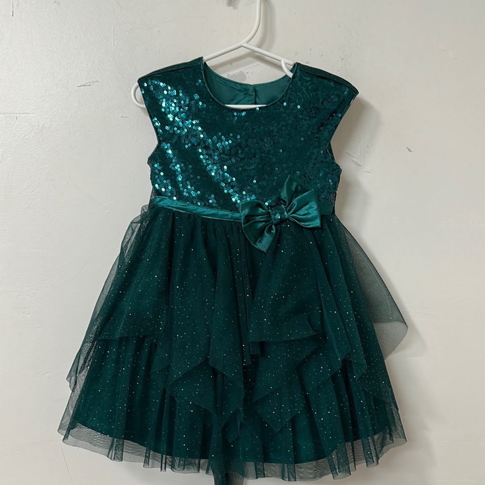 Jona Michelle Teal Green Sequin Bow Tulle Girls Formal Dress